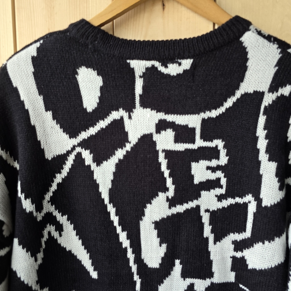 Urban Man Graffiti Print Knit Acrylic Crewneck Sweater Black White Mens Medium - Picture 7 of 9
